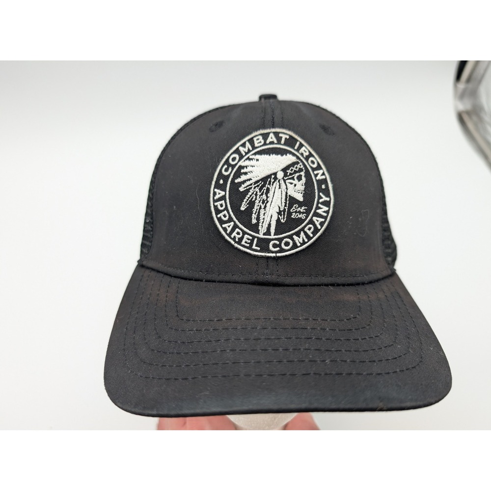 Combat Iron Apparel Co Black Trucker Snapback Hat Skull Headdress Logo Mesh Cap